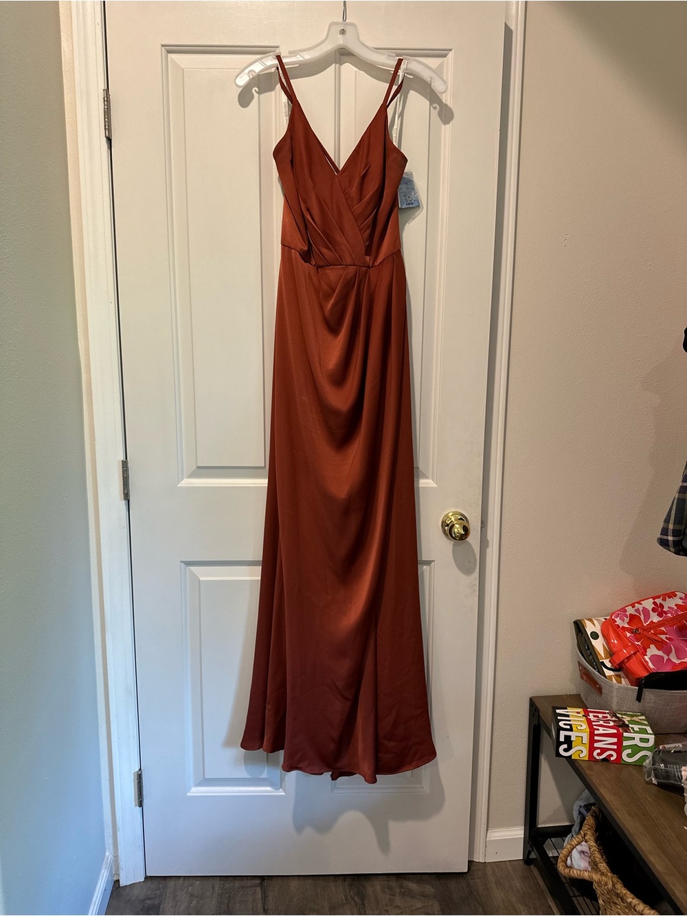 David's Bridal V-Neck Satin Maxi Dress in Rust